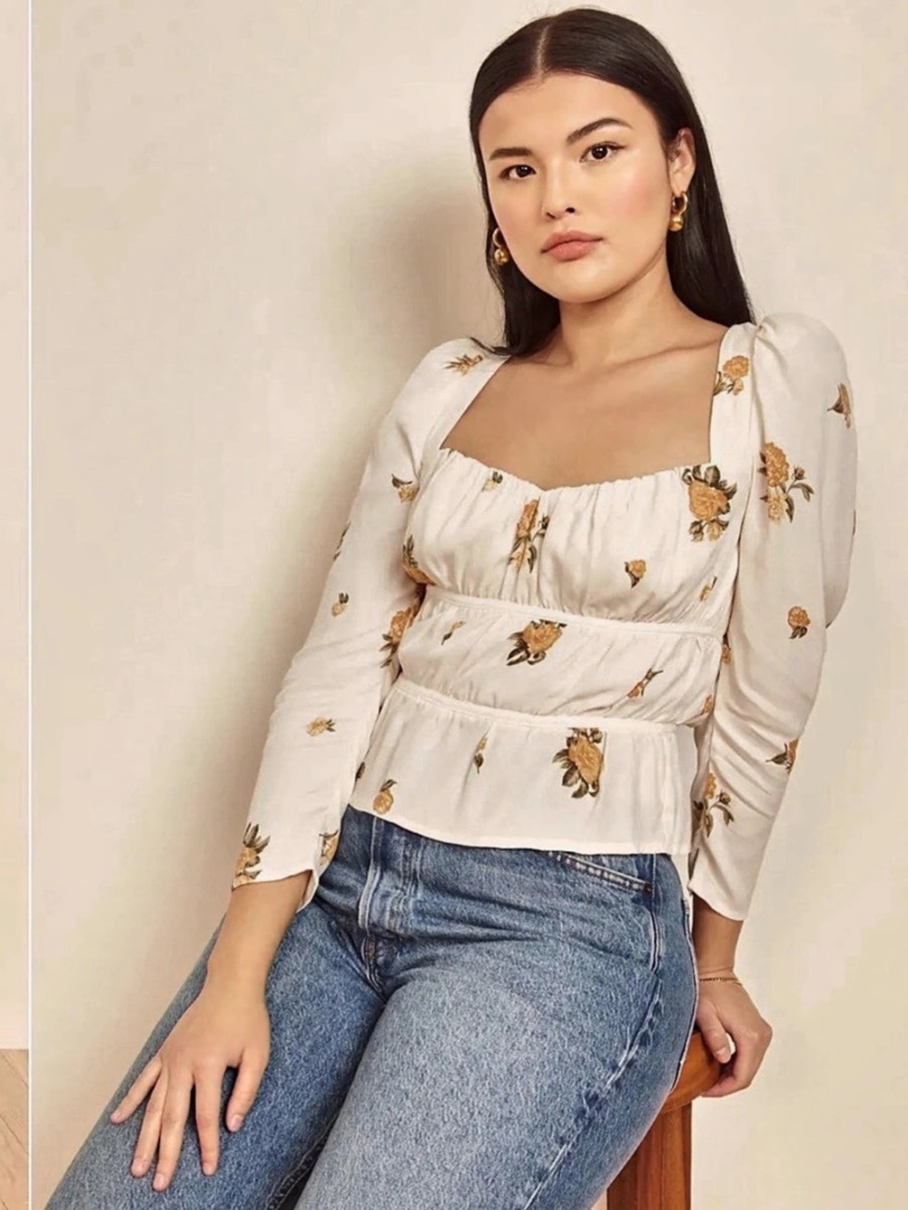 Reformation Plath Top Floral Peplum Blouse in Cream Size large - Picture 4 of 15